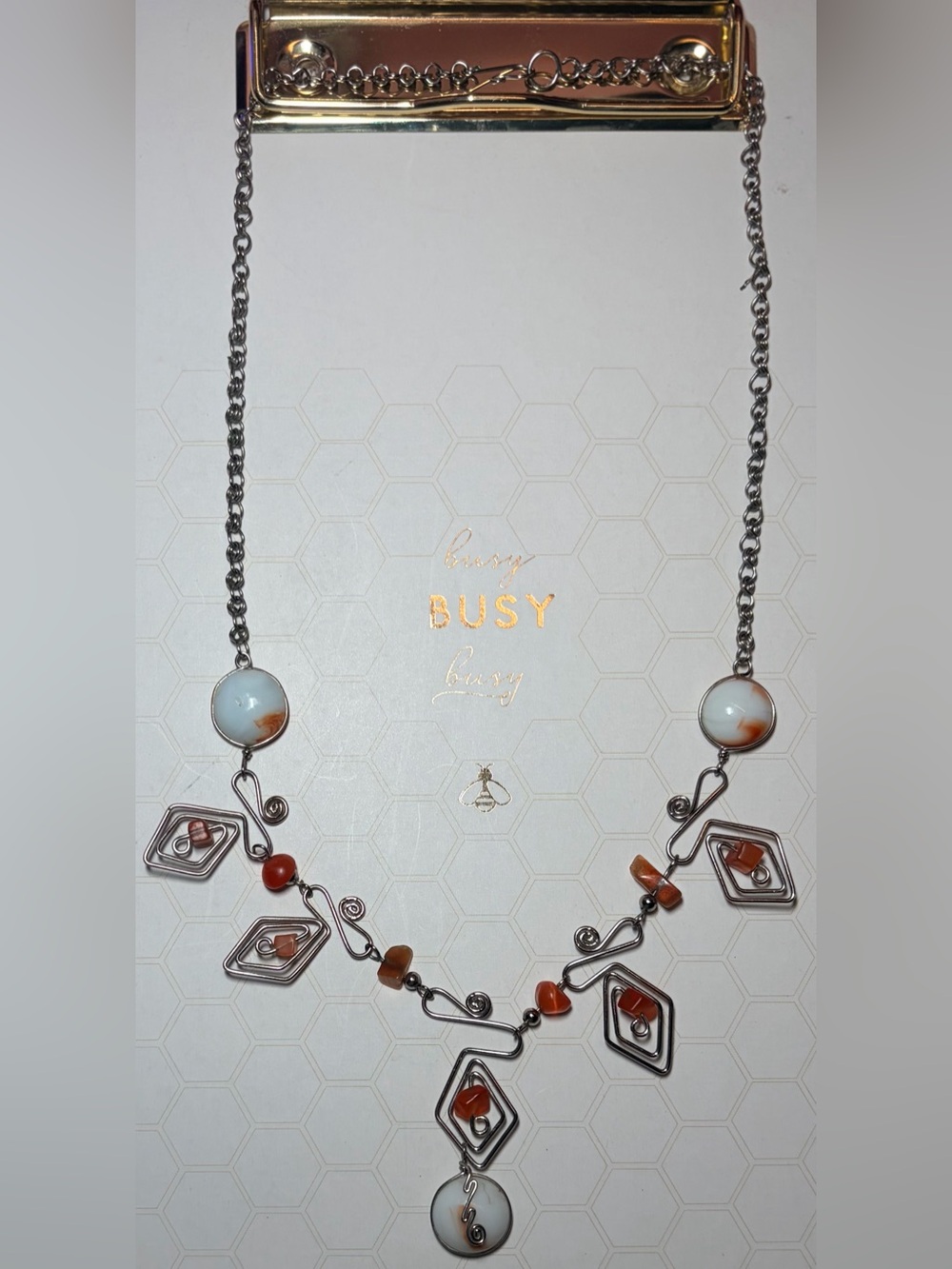 Women's Silver-Tone Agate Necklace with Brown-Orange Accents
